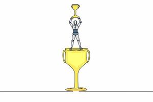 singolo uno linea disegno robot in piedi sopra grande trofeo e sollevamento su vincitore tazza. festeggiare il suo Tech attività commerciale premio. artificiale intelligenza processi. continuo linea disegnare design vettore illustrazione