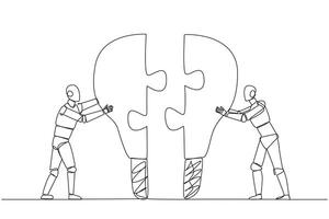 singolo uno linea disegno Due robot spingendo Due a forma di lampadina puzzle pezzi. metafora porta insieme Due idee. lavoro di squadra di Due futuro robot. ai tecnico. continuo linea design grafico illustrazione vettore