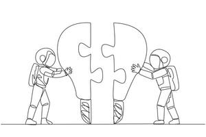 singolo continuo linea disegno Due astronauti spingendo Due a forma di lampadina puzzle pezzi. metafora porta insieme Due idee. lavoro di squadra di Due astronauti. cosmonauta. uno linea design vettore illustrazione