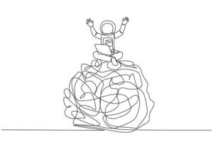 singolo continuo linea disegno giovane astronauta seduta su gigante ingarbugliato cerchio Tenere il computer portatile aumentare tutti e due mani. cartello di dando su. nostalgia di casa. cosmonauta in profondità spazio. uno linea design vettore illustrazione