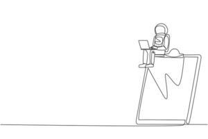 singolo uno linea disegno giovane energico astronauta seduta su gigante appunti digitando il computer portatile. ricontrollare il elenco di spedizione opera fatto. cosmonauta in profondità spazio. continuo linea design grafico illustrazione vettore