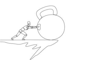 singolo uno linea disegno robot spinge il grande kettlebell giù a partire dal il bordo di il scogliera. esercizio aumenta potenza. futuro tecnologia sviluppo concetto. continuo linea design grafico illustrazione vettore