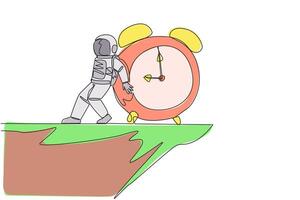 singolo continuo linea disegno astronauta spinto un' gigante allarme orologio giù con il suo indietro a partire dal il bordo di il scogliera. difficile uomo nel esterno spazio. cosmonauta in profondità spazio. uno linea design vettore illustrazione