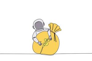 singolo continuo linea disegno astronauta abbracciare i soldi Borsa. il spedizione squadra ritorno per terra. astronauti ricevuto tassa quello al di là aspettative. ricco astronauta. uno linea design vettore illustrazione