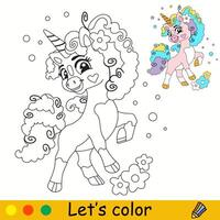 unicorno con Riccio criniera colorazione pagine per bambini vettore
