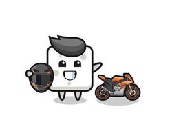 simpatico cartone animato zolletta di zucchero come pilota di motociclette vettore