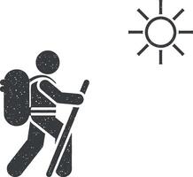 uomo escursioni a piedi zaino avventura icona vettore illustrazione nel francobollo stile