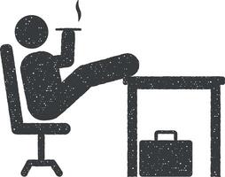 uomo d'affari fumo ufficio sedersi icona vettore illustrazione nel francobollo stile
