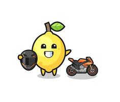 simpatico cartone animato di limone come pilota di motociclette vettore