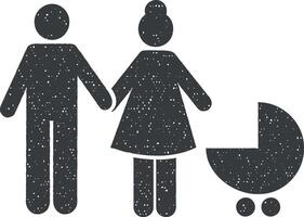 bambino, padre, madre, Sposa, contento icona vettore illustrazione nel francobollo stile