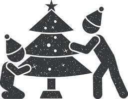 famiglia decora un' Natale albero icona vettore illustrazione nel francobollo stile