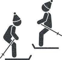 persone partire sciare icona vettore illustrazione nel francobollo stile