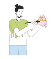 uovo di Pasqua pittura uomo adulto caucasico 2d lineare cartone animato carattere. Tenere uovo contento tipo isolato linea vettore persona bianca sfondo. uovo di Pasqua pasqua costume colore piatto individuare illustrazione