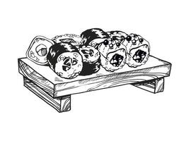 vettore illustrazione di giapponese cibo tema con rotoli, Sushi, sashimi su di legno asse, mano disegnato inchiostrato monocromatico schizzo di frutti di mare isolato su bianca sfondo