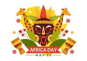 contento Africa giorno vettore illustrazione su 25 Maggio con cultura africano tribale figure e tipico animale nel flora e fauna piatto cartone animato sfondo