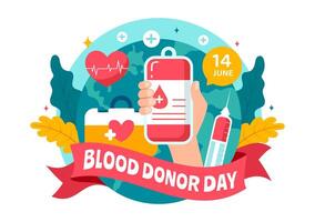 mondo sangue donatore giorno vettore illustrazione su giugno 14 con umano donato bloods per dare il destinatario nel Salva vita nel piatto cartone animato sfondo