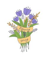fioritura primavera mazzo, mano disegnato scarabocchi con lettering vettore