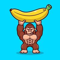 carino gorilla sollevare grande banana fumetto icona vettore illustrazione. concetto di icona di cibo per animali isolato vettore premium. stile cartone animato piatto