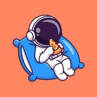 carino astronauta mangiare Pizza su cuscino cartone animato vettore icona illustrazione. scienza cibo icona concetto isolato premio vettore. piatto cartone animato stile
