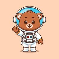 carino orso astronauta in piedi e agitando mano cartone animato vettore icona illustrazione animale scienza icona concetto isolato