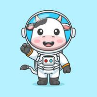 carino mucca astronauta in piedi e agitando mano cartone animato vettore icona illustrazione animale scienza icona concetto isolato