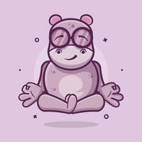 kawaii ippopotamo animale personaggio portafortuna con yoga meditazione posa isolato cartone animato vettore