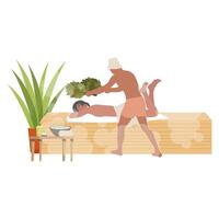 massaggio nel sauna con caldo scopa. terme stabilimento balneare, caldo terapia camera con massaggio, betulla foglia per Salute, temperatura caldo sano. vettore illustrazione