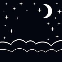 notte cielo con stelle e Luna, monocromatico nero bianca stile, carta disposizione. bambino sfondo. Luna illustrazione su nero sfondo, mezzaluna, notte cielo illustrazione, nero e bianca cielo vettore