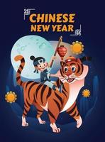 un ragazzo e una tigre stanno festeggiando il capodanno cinese vettore