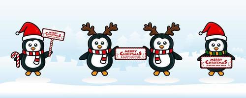 buon natale e felice anno nuovo modello di banner con pinguini vettore