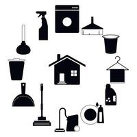 nero bianca pulizia servizio icone, lavare pulito e ordinato. illustrazione di lavori di casa e lavare servizio, addetto alle pulizie e spazzola vettore