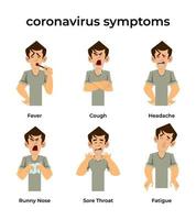 segni e sintomi del coronavirus. tosse, febbre, starnuti, mal di testa, difficoltà respiratorie, dolori muscolari, sintomi del coronavirus vettore