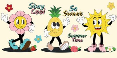 Groovy estate vacanza adesivi impostato vettore illustrazione. cartone animato isolato divertente comico personaggi di estate frutta. retrò hippie badge collezione