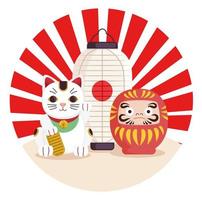 lanterna gatto fortunato e daruma vettore