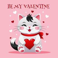 saluto carta con un' gatto e un' cuore per san valentino giorno. San Valentino carta con carino animali nel cartone animato stile. vettore illustrazione.