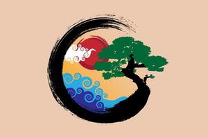 giapponese paesaggio su enso zen cerchio, Bonsai albero e grande rosso sole, disegnato a mano con colorato inchiostro nel tradizionale orientale stile sumi-e, vettore logo design nel dipingere spazzola arte disegno, Vintage ▾ sfondo