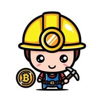 simpatico design del personaggio del minatore bitcoin vettore