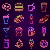 neon veloce cibo. raggiante icona per bar e bar strada cartello con hamburger, Popcorn, caldo cane, caffè e Pizza. cocktail e birra club vettore impostato