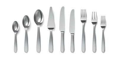 realistico posate. cucchiai, forchette e tavolo coltelli. argenteria utensile per servendo. dolce cucchiaio e torta coltello. metallo vasellame vettore impostato