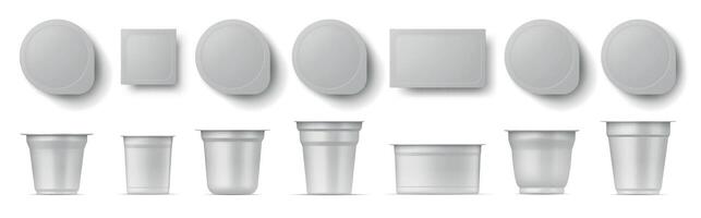 realistico Yogurt tazza pacchi lato e superiore Visualizza modello. latteria Prodotto, acida crema, dolce plastica imballare con coperchio. cibo contenitore vettore impostato