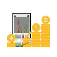 criptovaluta scambio guadagnare i soldi come commerciante, mobile applicazione per ottenere reddito. vettore illustrazione. virtuale banca concetto, criptovaluta mobile applicazioni, didattico denaro contante commercio