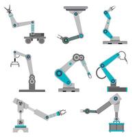 industria robot per imballare Prodotto, ai elettronica braccio industriale automatizzato, robotica trasportatore, robot braccio intelligenza per confezione e montaggio, pizzico macchina. vettore illustrazione