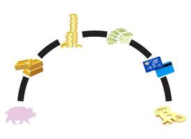 Evoluzione i soldi grafico, illustrazione attività commerciale Evoluzione tecnologia, i soldi denaro contante sviluppo, scambio e d'oro moneta, finanza innovazione e criptovaluta elettronico vettore