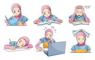 formazione scolastica concetto illustrazioni. impostato di ragazzo ragazza nel hijab vettore illustrazioni nel vario attività di formazione scolastica