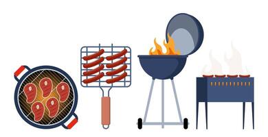 barbecue attrezzatura. carbone e gas bollitore bbq griglia attrezzatura diverso genere per carne e salsicce cucinando all'aperto. casa o ristorante apparecchio. vettore illustrazione.