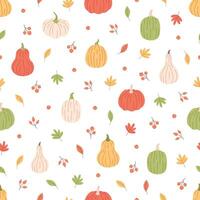 zucche con autunno le foglie senza soluzione di continuità modello. Ciao autunno, autunno raccolto, agricoltura. piatto, mano disegnato struttura per sfondo, tessile, tessuto, carta vettore
