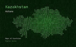 kazakistan, qazaqstan carta geografica mostrato nel binario codice modello. tsmc. matrice numeri, zero, uno. mondo paesi vettore mappe. digitale serie