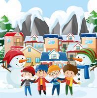 Scena di quartiere con quattro ragazzi in abiti invernali vettore