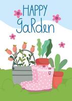 giardinaggio, piante in vaso fiori nel secchio e stivali sull'erba vettore
