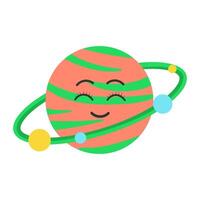 carino kawaii pianeta carattere. pianeta con satelliti. divertente viso. cartone animato piatto vettore illustrazione.
